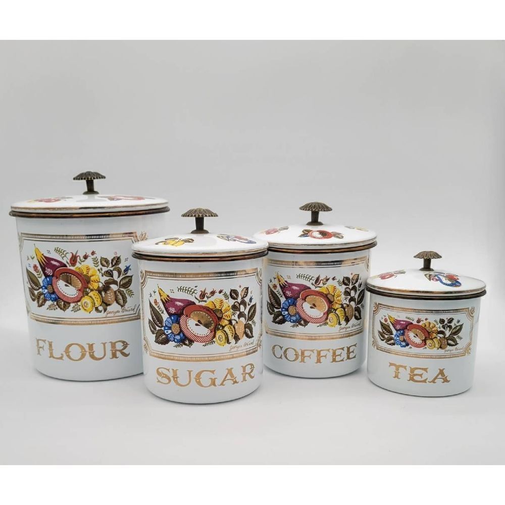 Midcentury 1960's Signed Georges Briard Fruit and Flower Enamelware Canister Set